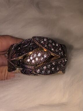 Crystal Leaf Statement Bracelet - Antigue Black and Gold Tone- Vintage